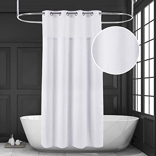 71x86 White Waffle Weave Fabric No Hooks Shower Curtain with Removable Polyeste Liner - Heavy Duty Bath Curtain with See Through Top Machine Washable - color: White, size: 71"W x 86"L (Pack of 1)