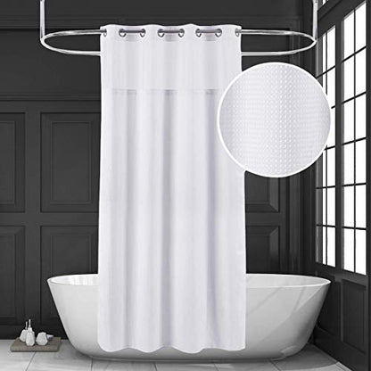 71x86 White Waffle Weave Fabric No Hooks Shower Curtain with Removable Polyeste Liner - Heavy Duty Bath Curtain with See Through Top Machine Washable - color: White, size: 71"W x 86"L (Pack of 1)