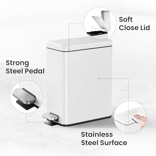 Cesun 2.6 Gallons Small Bathroom Trash Can with Lid Soft Close, White | Removable Inner Bucket, Small Stainless Steel Garbage Can for Bedroom/Office, Hands-Free Step Pedal, Fingerprint-Resistant - color: White