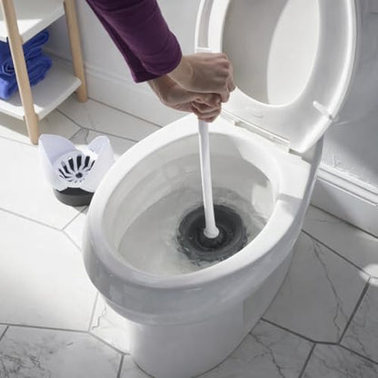 Hideaway Toilet Plunger with Caddy, White, 19.5 Inch Bathroom Plunger Set, Compact Storage Canister, Drip Tray Base, Easy Grip Handle