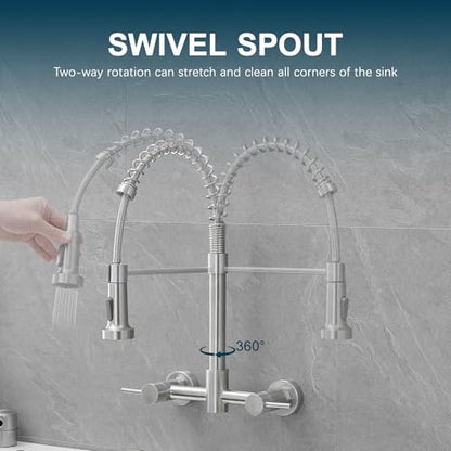AIMADI Wall Mount Kitchen Faucets, 8-Inch Center | Wall Mount Kitchen Sink Faucet with Pull-Down Sprayer,Modern Stainless Steel Design Double Lever Control - color: Brushed Nickel