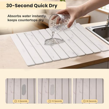 Stone Drying Mat for Kitchen Counter, 24"(L)×16"(W), Collapsible Quick Dry Stone Dishes Mats, Absorbent Diatomaceous Earth Mats for Kitchen, Bathroom - color: White Marble