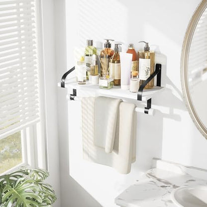 Love-KANKEI 17.3" Floating Wall Shelf Solid Wood/Bracket,Coffee Bar,White | Spice Rack,Towel Bar/8 Hooks,40 Lbs/shelf,Easy to Install,For Kitchen,Bathroom,Living Room,Bedroom,Office,Entryway Display - color: White