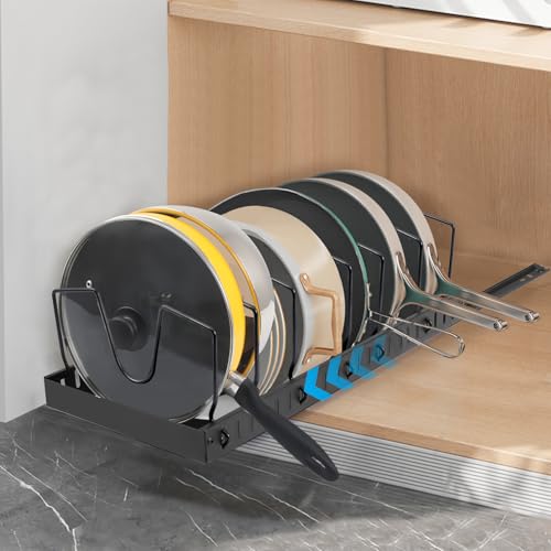 Pull Out Pots and Pans Organizer Under Kitchen Cabinet, Pot Lid Organizers, Slide Out Cookware Storage Rack with 8 Adjustable Dividers, Pull Out Shelves for Dishware Seasoning, (Black, 1 Pack) - size: 1 Pack