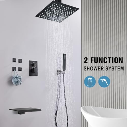 12 Inch Ceiling Mount Shower System Matte Black Rain Mixer Shower Combo Set High Pressure Rainfall Shower Head System Bathroom Luxury Shower Faucet Set Rough-in Valve and Shower Trim Included - color: Matte Black, style: 12 Inch-Update Valve