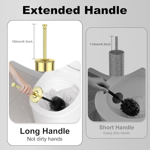 Gold Toilet Brush and Holder，Long Handled Gold Toilet Brush for Bathroom，Stainless Steel Heavy Duty Toilet Bowl Brush,Removable Inner Bowl,Deep Cleaning Dense Bristles Cleaner Brush -Space Saving - color: Gold