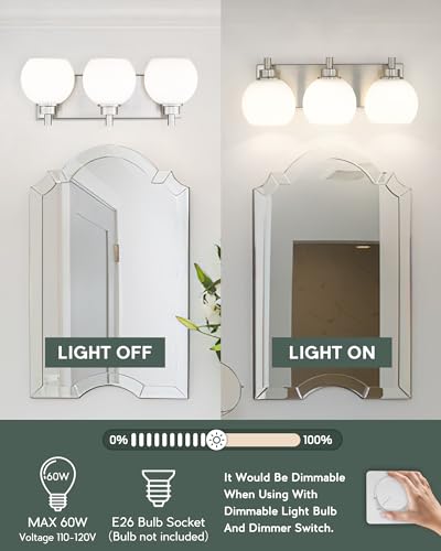 3-Light Brushed Nickel Bathroom Vanity Light, Milk Glass Globe Shade | 18" modern bathroom light fixtures over mirror, E26 base, bulbs not included, VL195-BN-ML-3 - color: Brushed Nickel, Milk Glass, size: 3-light