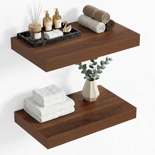Heimlove 12 Inch Deep Floating Shelves, 16 x 12 inches Wall Shelves Set of 2,2 Inch Thick Invisible Wall Mounted Shelves for Bathroom Bedroom Nursery,Black - color: Walnut, size: 16"W x 12"D x 2"H, Set of 2