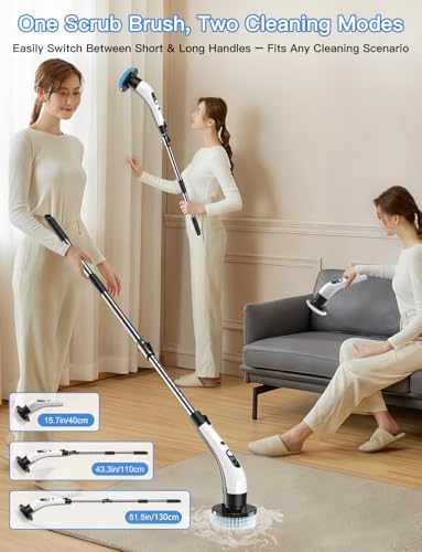 Electric Spin Scrubber with Power LCD Display, Cordless Bathroom Cleaning Brush with Adjustable Extension Handle, 400RPM/Mins, 9 Replaceable Brush Heads, IPX7 Waterproof for Shower, Bathtub, Tile - style: Long Handle