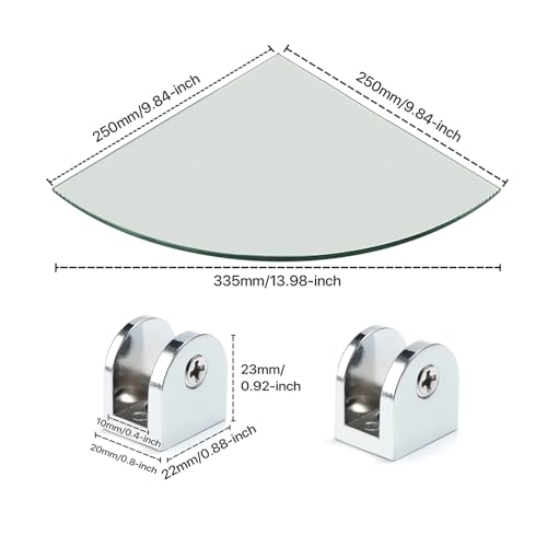 Bathroom Glass Corner Shelf Wall Mounted 7MM Tempered Transparent Glass with Chromed Shelf Brackets