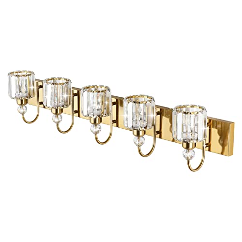 Ralbay Crystal Vanity Lights 5-Lights Brass Gold Over Mirror Modern Bathroom Wall Lighting Fixtures - color: Round-Brass, size: 5-light