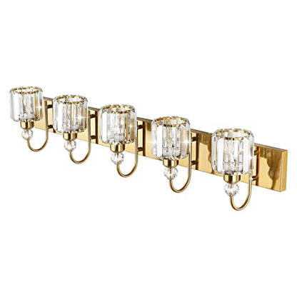 Ralbay Crystal Vanity Lights 5-Lights Brass Gold Over Mirror Modern Bathroom Wall Lighting Fixtures - color: Round-Brass, size: 5-light