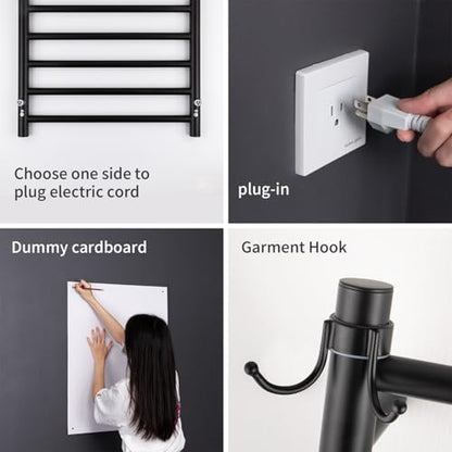 Wall Mounted Towel Warmer 12 Bars with Plug-in and Hardwired Options 3 Working Modes Black Stainless Steel 21” W 34” H - color: Black