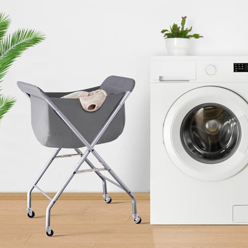 ELYKEN Laundry Basket with Wheels, Collapsible Laundry Hamper, Gray | Removable Liner Bag, Foldable Design, Sturdy Metal Frame, 4 Casters, 32”H Laundry Cart for Bedroom, Bathroom & Laundry Room - color: Gray, size: 23.2"L x 13"W x 32"H