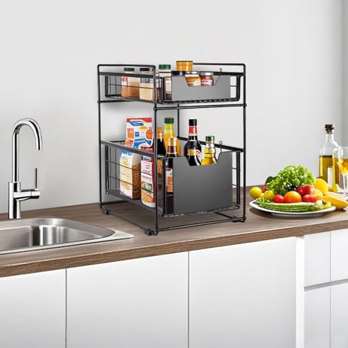 2 Tier Under Sink Organizer,Slide Out Kitchen Cabinet Organizer,Pull Out Pantry Storage with 2 baskets, Office Supplies,Kitchen,Bathroom Organizer with Sliding Drawer,Large Capacity,Multi-Use