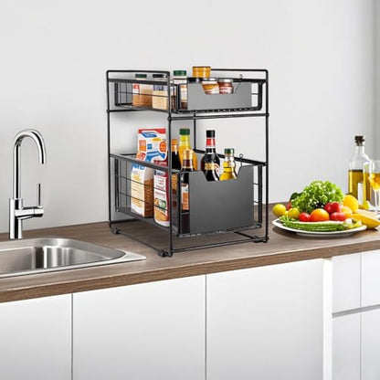 2 Tier Under Sink Organizer,Slide Out Kitchen Cabinet Organizer,Pull Out Pantry Storage with 2 baskets, Office Supplies,Kitchen,Bathroom Organizer with Sliding Drawer,Large Capacity,Multi-Use