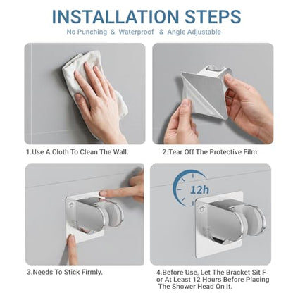 Adhesive Shower Head Holder, No Drill Wall Mount Adjustable Handheld Showerhead Bracket for Bathroom, RV, Kids Shower（Chrome） - style: Silver