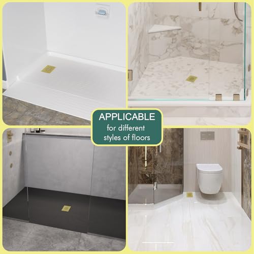 4 Inch Square Shower Floor Drain with Flange and Hair Strainer | SUS304 Stainless Steel, Anti-Clog, Brushed Gold Shower Drain with Hair Catcher, Removable Grid Drain Cover, For Bathroom - color: Brushed Gold