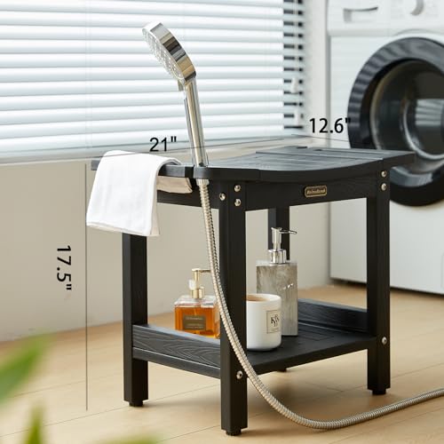 Shower Bench Seat for Shaving Legs, Waterproof Shower Stool for Inside Shower with Handles & Shower Head Holder, Bathroom Shower Chair, Black Shower Foot Rest with Adjustable Feet, Non-Slip - color: Black