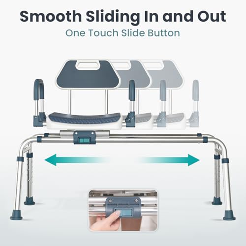 Sliding Shower Chair Tub Transfer Bench with Swivel Seat, Shower Bench for Elderly and Disabled, with Security Belt, 360 Rotation, Slides and Rotates, Adjustable,one Touch Slide Button, Dark Blue - color: Dark Blue