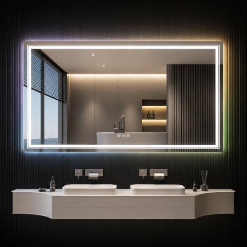 Snowdool 77 x 36 in RGB LED Bathroom Mirror, Front and Backlit, Anti-Fog | 8 RGB Backlight Modes, 3 Front Light Colors, Anti-Fog, Tempered Glass - size: 77"L x 36"W