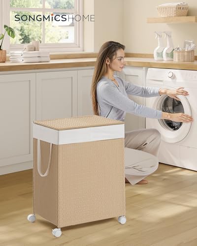 SONGMICS HOME Laundry Hamper with 2 Section, 100 L, Synthetic, with Wheels | Rolling Clothes Basket with Lid, Removable Liner with Handles, Matte White and Tan, PEZZO Collection ULCB601N01 - color: Natural Beige + Matte White, size: 100 L
