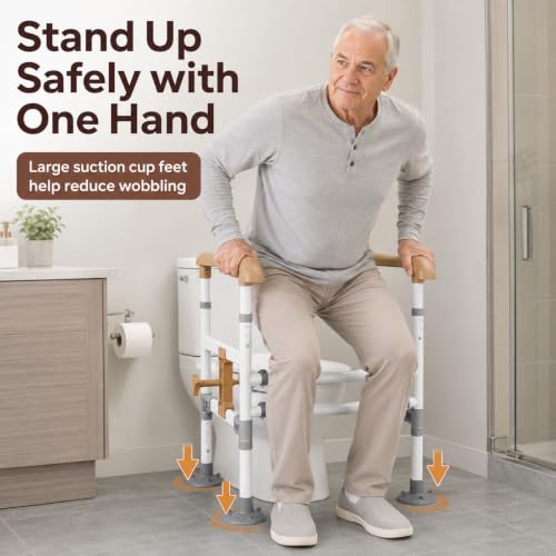 Toilet Safety Rails for Seniors, Adjustable Assist Bars with Suction Feet | High-carbon steel frame with large non-slip handles; width/height adjustable for bathroom, toilet, and elderly care use. - color: Yellow