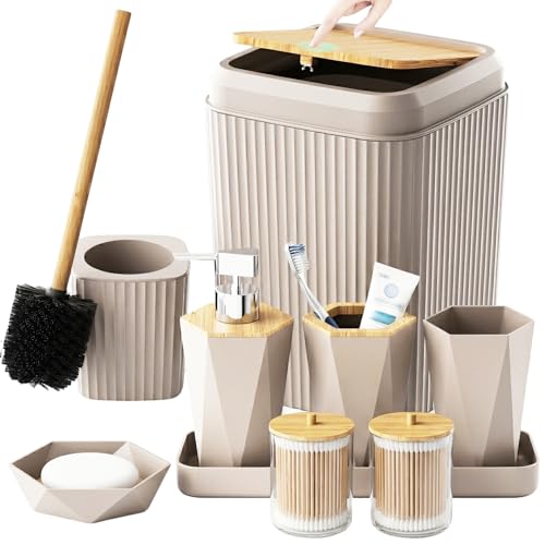 Bathroom Accessories Set - Unbreakable Beige Bathroom Set, Trash Can, Toilet Brush with Holder, Soap Dispenser, Toothbrush and Toothpaste Holder, Tumbler, Soap Dish, Qtip Holders, Tray, Bamboo Decor - color: Beige, size: 9 Pieces
