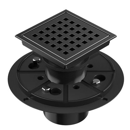 EXF Square Shower Drain 4-3/8 Inch Matte Black with ABS Flange | Stainless Steel, Anti-Clog, Removable Grid Grate and Hair Catcher, for Modern Bathroom Remodel Curbless Shower - color: Matte Black, size: 4IN