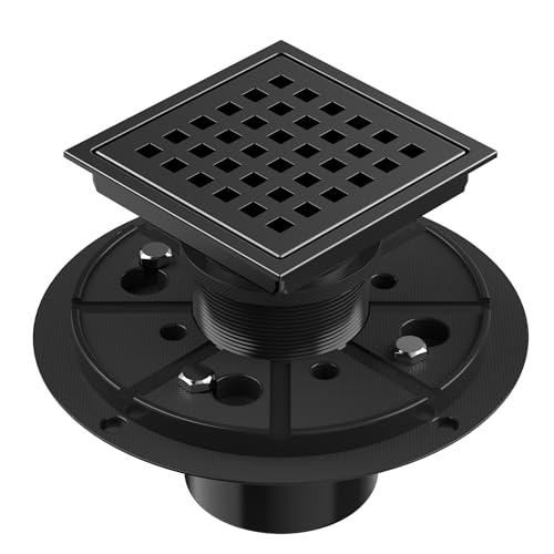 EXF Square Shower Drain 4-3/8 Inch Matte Black with ABS Flange | Stainless Steel, Anti-Clog, Removable Grid Grate and Hair Catcher, for Modern Bathroom Remodel Curbless Shower - color: Matte Black, size: 4IN