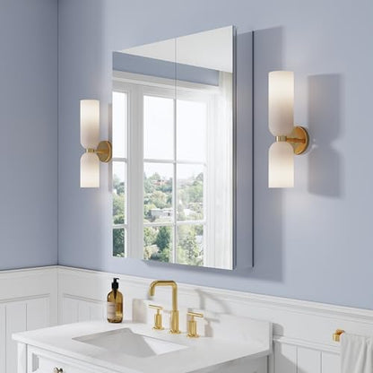 28" x 36" Bathroom Medicine Cabinet with Mirror, Anodized Chrome Aluminum Frame, Surface Mount or Recessed Medicine Cabinet with Mirror, Bathroom Mirror with Storage, Double Doors - size: 28"x36"-A