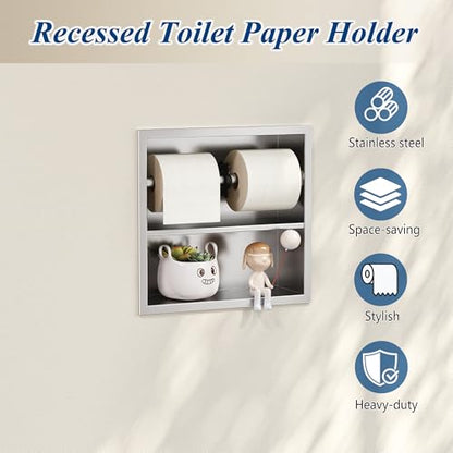 Neodrain Brushed Recessed Toilet Paper Holder,Double Layer,Wet Tissue | Space-Saving Wall Niche Cabinet Storage, Rustproof & Durable,For Bathroom, Kitchen & Vanity - color: Brushed