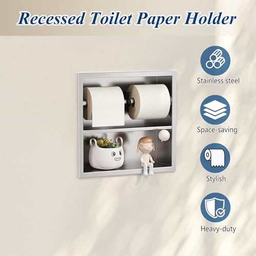 Neodrain Brushed Recessed Toilet Paper Holder,Double Layer,Wet Tissue | Space-Saving Wall Niche Cabinet Storage, Rustproof & Durable,For Bathroom, Kitchen & Vanity - color: Brushed