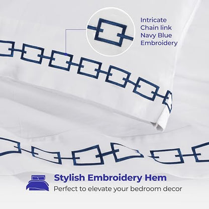 Superior Embroidered Cotton Bed Sheet Set, 1 Elastic Deep Pocket Fitted Sheet, 1 Flat Sheet, 1 Pillowcase, Daily Soft Sheets, Luxury, Unique Design, Chain Links Collection, Twin Size, White/Navy Blue - color: White-navy Blue, size: Twin