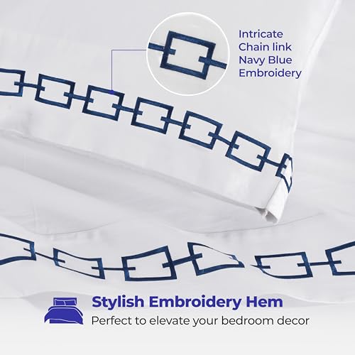 Superior Embroidered Cotton Bed Sheet Set, 1 Elastic Deep Pocket Fitted Sheet, 1 Flat Sheet, 2 Pillowcases, Daily Soft Sheets, Luxury, Unique Design, Chain Links Collection, Queen, White/Navy Blue - color: White-navy Blue, size: Queen