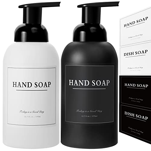 2 Pack Foaming Soap Dispenser, 12.7 Oz Thick Glass Pump, Black and White | Refillable Foam Soap Bottles for Hand Soap and Body Wash, Ideal for Bathroom Countertop, Kitchen Sink and More - color: Black and White