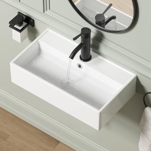 Wall Mount Rectangular Bathroom Sink, QISHKA 22"x12.4" Modern Ceramic Floating Vessel Sink, White Rectangle Vanity Sink with Overflow, Wall Hung Wash Hand Basin - size: 22" x 12.4" x 5.3"