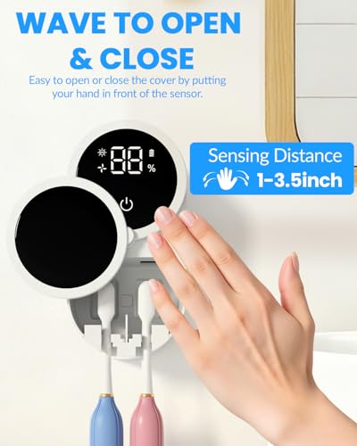 Toothbrush Sanitizer Holder, GEVOODIX Tooth Brush Holder for Bathroom, Wall-Mounted Toothbrush Holders Organizer Auto-Inductive Cover, 140℉ Air Drying Fits Most Electric, Manual and Kids’ Toothbrushes