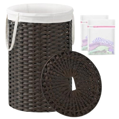 SETVSON Large Laundry Hamper Laundry Basket, Round PE Rattan, Brown | 130L Extra Large Handwoven Basket, Open Top, Removable Washable Liner Bag, 2 Mesh Laundry Bags, Side Long Handles - color: Brown, size: 130 L