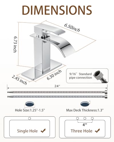 Waterfall Single Handle Bathroom Sink Faucet with Drain Chrome | Chrome Vanity Faucet with Pop-up Drain, Ceramic Valve, for 1 or 3 Hole Modern Bathrooms. - color: Chrome