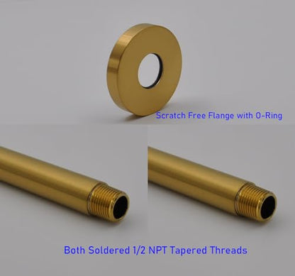 Shower Arm and O-Ring Flange, 3 inch, Solid Brass, Round, Both Soldered 1/2 NPT Tapered Threads, Straight Shower Arm Extension, Ceiling Shower Head Arm for Rainfall Shower (Matte Brushed Gold) - color: Matte Brushed Gold
