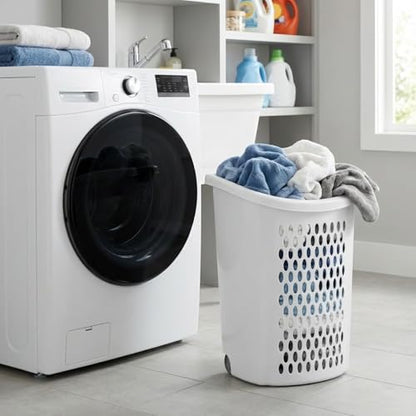 Laundry Hamper with Wheels and Lid, 2-Bushel Capacity, Plastic, White, Rolling Basket with Handle