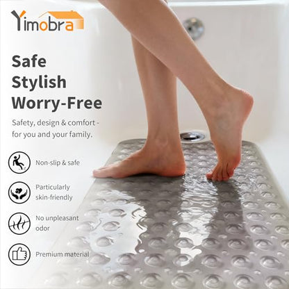Yimobra Non Slip Bathtub Mat 40 x 16 Inch, Extra Long Shower Mat with Drain Holes, Machine Washable Baby Bath Mats, Strong Suction Cups for Bathroom Floor, Clear Grey - color: Clear Grey