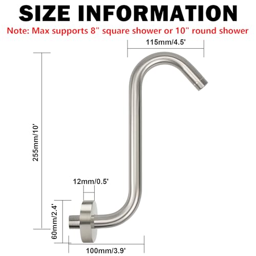 NearMoon S Shaped Shower Head Riser Arm, Shower Extender Arm with Flange, Standard 1/2" Connection- Bathroom Accessory (10 Inch, Brushed Nickel) - color: Brushed Nickel, style: 10 Inch