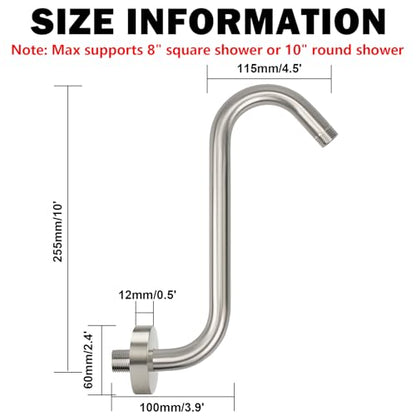 NearMoon S Shaped Shower Head Riser Arm, Shower Extender Arm with Flange, Standard 1/2" Connection- Bathroom Accessory (10 Inch, Brushed Nickel) - color: Brushed Nickel, style: 10 Inch
