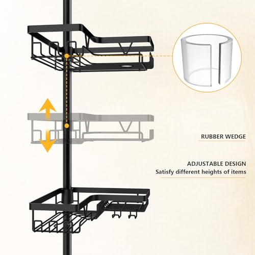 DAOYA Adjustable Tension Pole Shower Caddy, 5-Tier Stainless Steel Shower Shelf Organizer with 2 Movable Toothbrush Holders, 25-115 Inches Extendable Bath Tub Conner Storage Shelf for Family, Black - color: Black-5