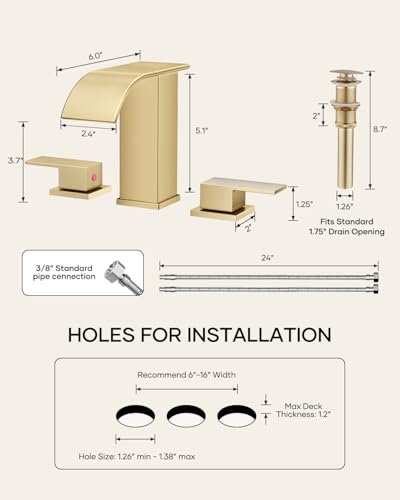 AVSIILE Waterfall Bathroom Faucet 3 Hole, Brushed Gold 8 Inch Widespread Modern 3 Piece Bathroom Sink Faucet, Touch On Lavatory Faucet for Vanity RV Restroom, Curved Spout - color: Brushed Gold, style: Curved Spout