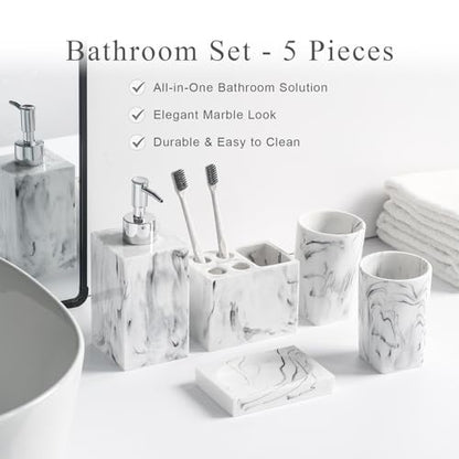 5 Piece Bathroom Accessories Set, Marble Resin Bathroom Vanity Set, Soap Dispenser, Toothbrush Holder, Soap Dish & 2 Tumblers, Bathroom Countertop Organizer Set (Ink White) - color: Ink White