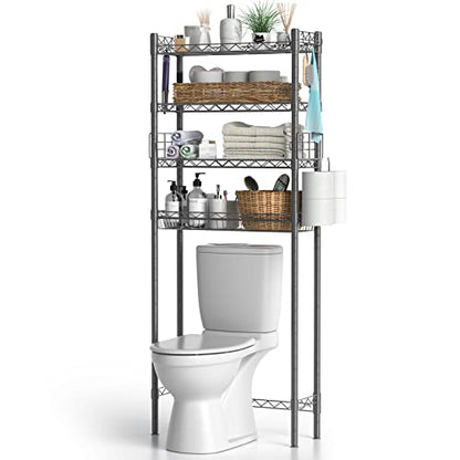 Hodonas Over The Toilet Storage Shelf, Gray, 26.97" x 9.84" x 67.32" | Sturdy Carbon Steel, 4 Tiers, Adjustable, Freestanding, Stable Above Toilet for Bathroom Storage, Easy to assemble - color: Grey-4 Tier