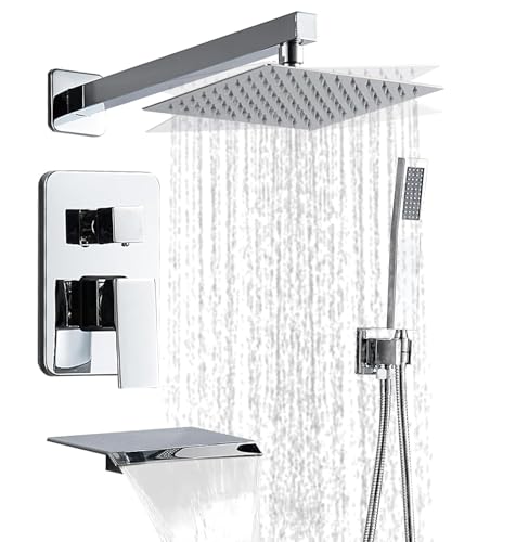 Chrome Shower Faucet Set with Tub Spout 10 Inch Shower Head | Tub and Shower Faucet Combo, Rain Shower and Handheld Shower System Square Wall Mount for Bathroom - color: Chrome, style: 10 Inch